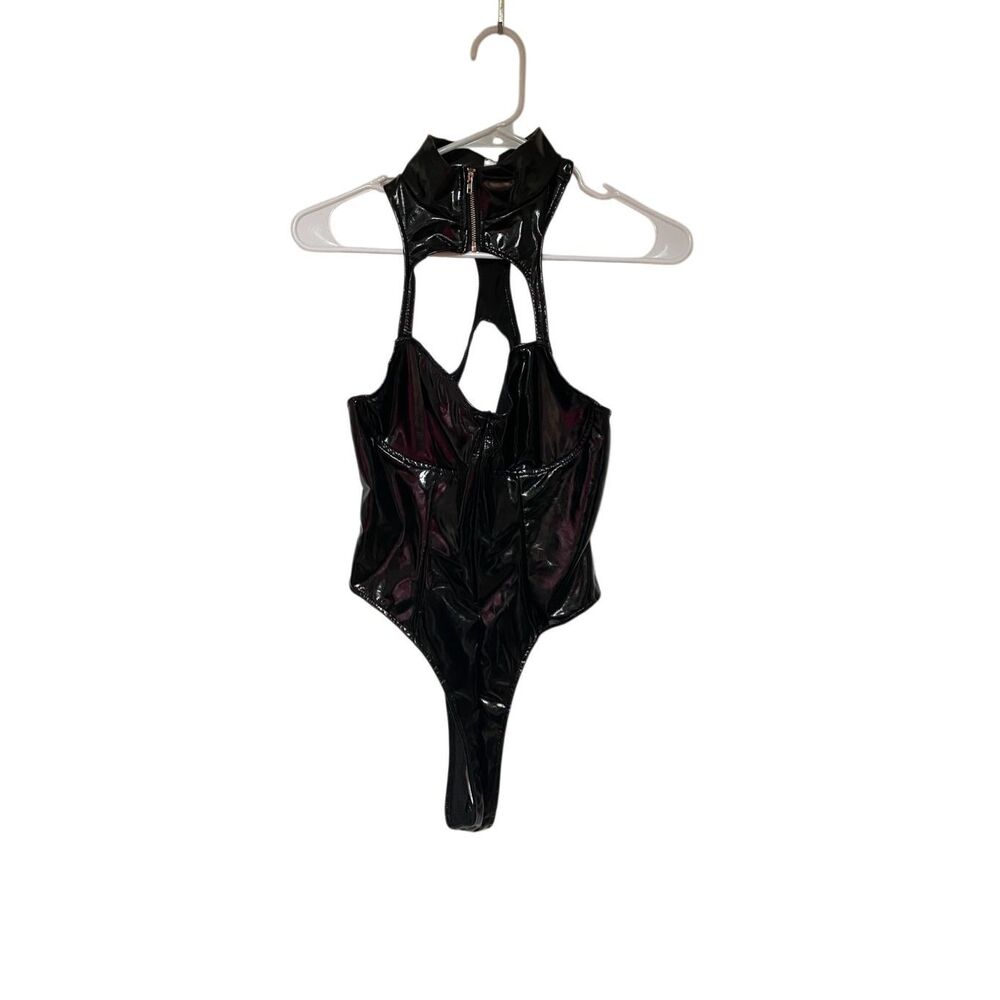 NWT iefiel women’s black patent, leather, shiny, bodysuit, sexy L